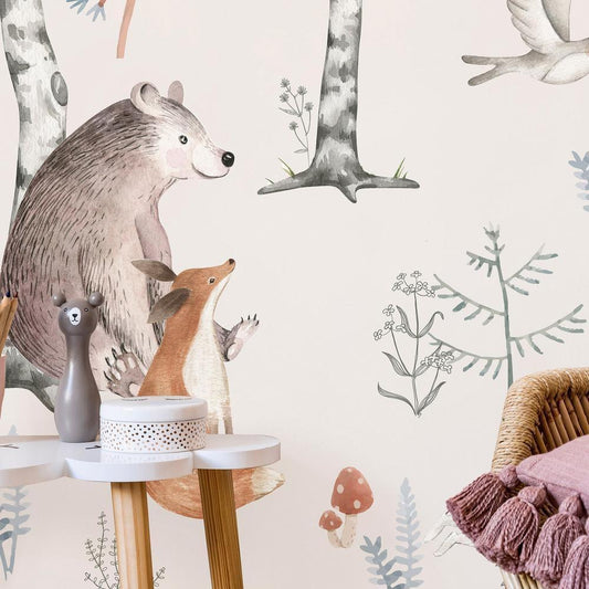 Wall Mural - Forest Land With Animals Painted in Watercolours-Wall Murals-ArtfulPrivacy