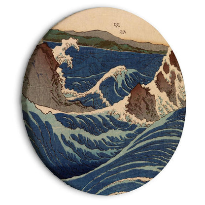 Circle shape wall decoration with printed design - Round Canvas Print - Woodcut Utagawa Hiroshige - Great Blue Wave - ArtfulPrivacy