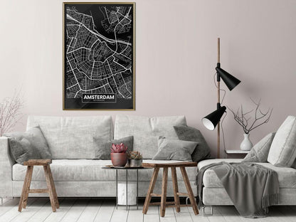 Wall Art Framed - City Map: Amsterdam (Dark)-artwork for wall with acrylic glass protection