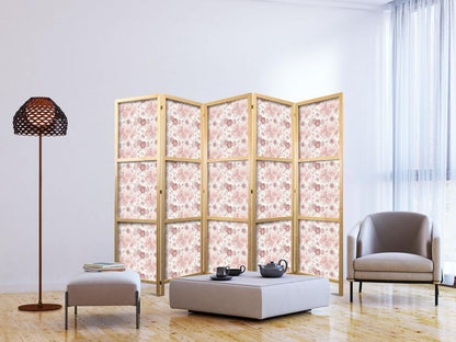 Japanese Room Divider - Pink Blossoming - Flowers in Warm Colors on a White Background