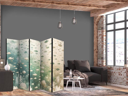 Room Divider - Fish and Diverse Vegetation - A Group of Fish in Pastel Muted Colors Among Oceanic Vegetation- A 5 Panel Folding Screen For Living rooms, bedrooms or home office, decorative folding screen made with wood and canvas