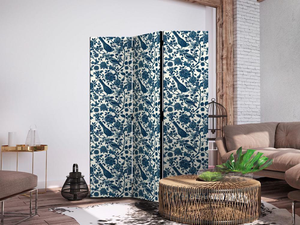 Room Divider - Rose Vines - Monochromatic Blue Birds Resting Among Roses