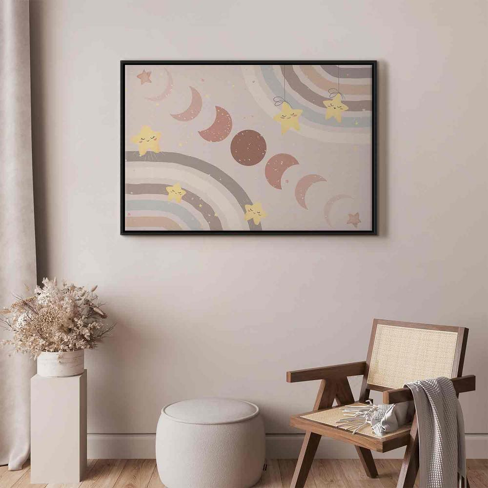 Canvas Print - Joyful Sky - Yellow Cheerful Stars with a Rainbow Against the Phases of the Moon in a Light Beige Sky Hue