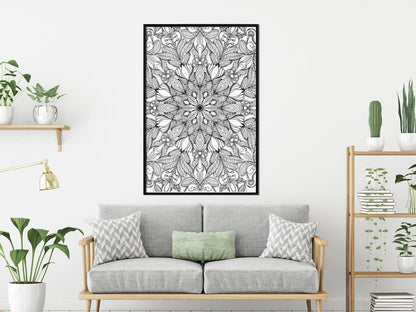 Black and White Framed Poster - Colourless Mandala-artwork for wall with acrylic glass protection