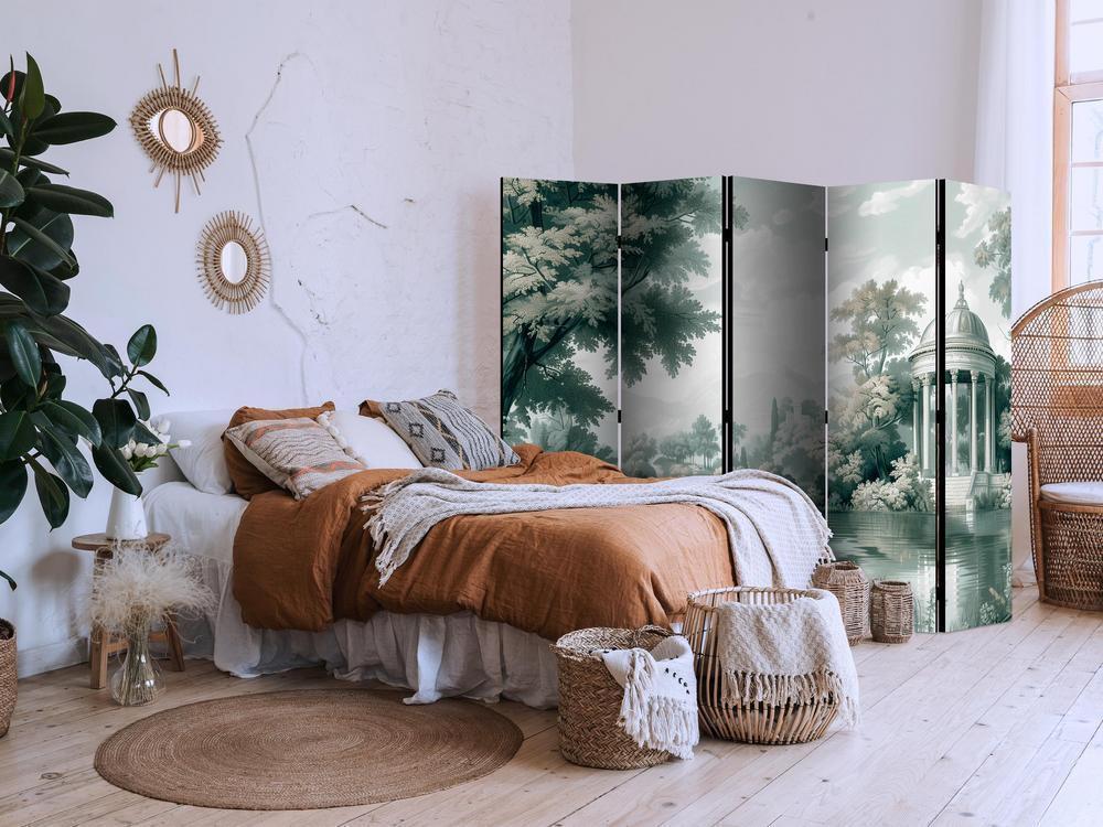 Room Divider - View of the Park and Lake - Retro Vintage Landscape in Greens- A 5 Panel Folding Screen For Living rooms, bedrooms or home office, decorative folding screen made with wood and canvas