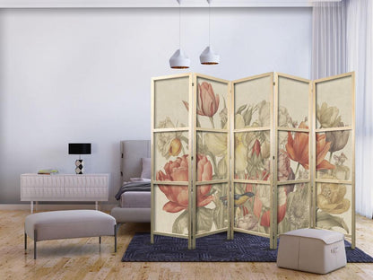 Japanese Room Divider - Bouquet with Tulips - Colorful Flowers on a Light Background - Illustration