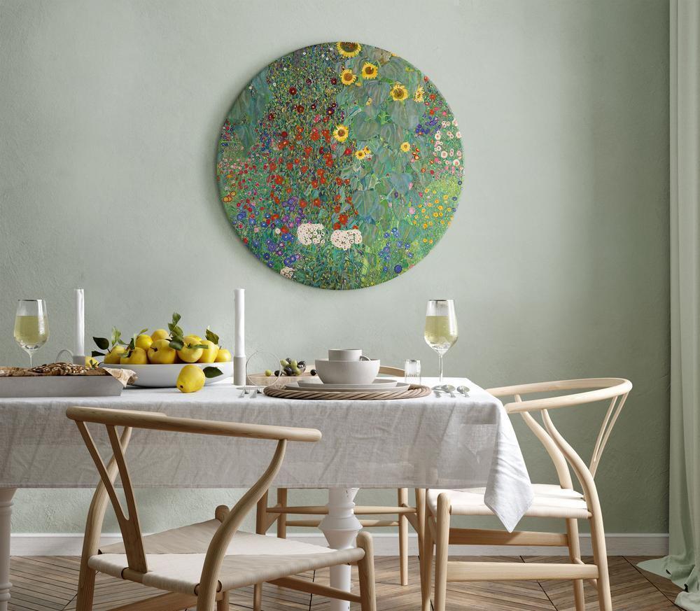 Circle shape wall decoration with printed design - Round Canvas Print - Round Country Garden With Sunflowers Gustav Klimt - Multi-Colored Flowers - ArtfulPrivacy