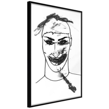 Black and White Framed Poster - Scary Clown-artwork for wall with acrylic glass protection