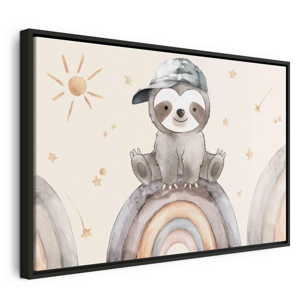 Canvas Print - Happy Sloth - Sloth in Subdued Colors Wearing a Cap Sitting on a Rainbow Among Little Stars