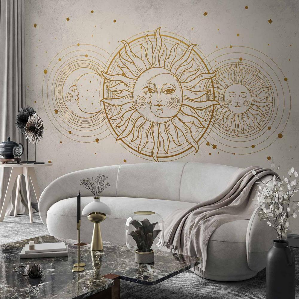 Peinture murale - Soleil et lune dorés - Illustration artistique de style rétro