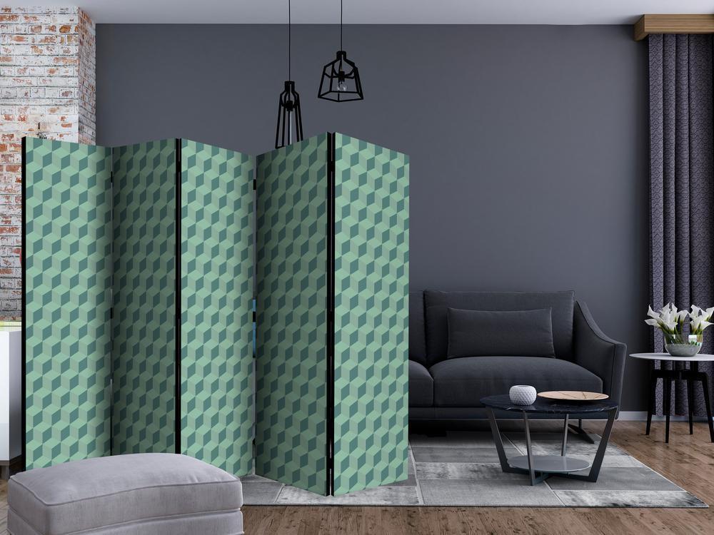 Room Divider - Monochromatic cubes II- A 5 Panel Folding Screen For Living rooms, bedrooms or home office, decorative folding screen made with wood and canvas