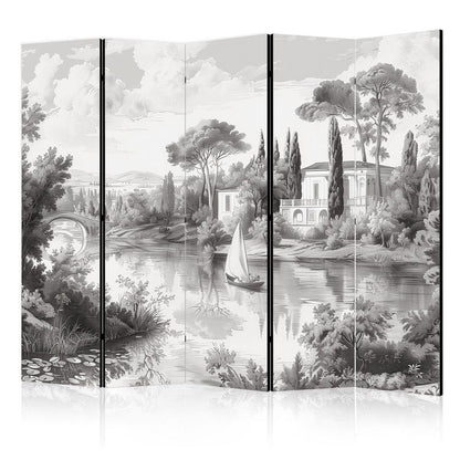 Room Divider - Black and White Vintage Landscape - Retro View of a Pond with a Boat- A 5 Panel Folding Screen For Living rooms, bedrooms or home office, decorative folding screen made with wood and canvas