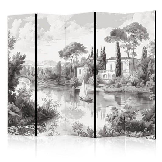 Room Divider - Black and White Vintage Landscape - Retro View of a Pond with a Boat- A 5 Panel Folding Screen For Living rooms, bedrooms or home office, decorative folding screen made with wood and canvas