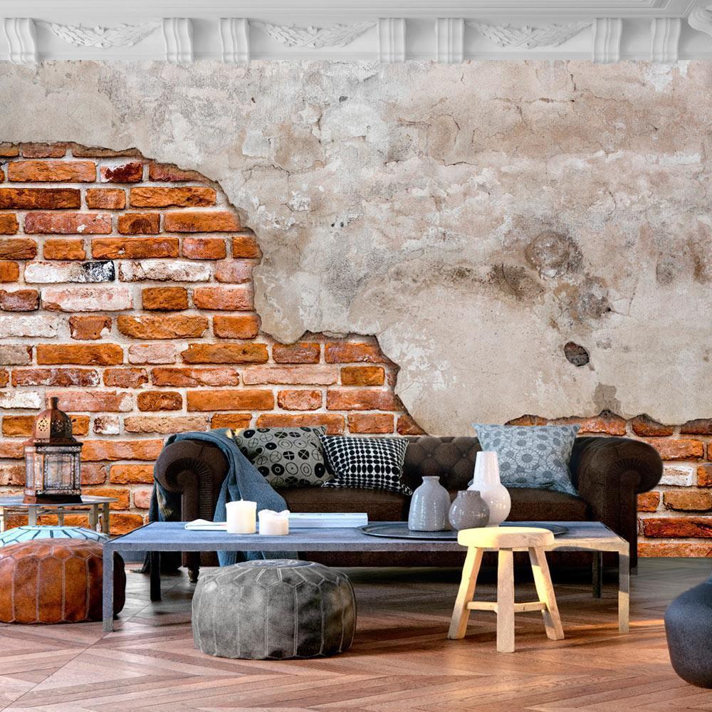 Wall Mural - Eclectic masonry - slabs of textured concrete on a background of red bricks-Wall Murals-ArtfulPrivacy