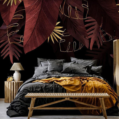 Wall Mural - Jungle and composition - red and gold leaf motif on black background-Wall Murals-ArtfulPrivacy