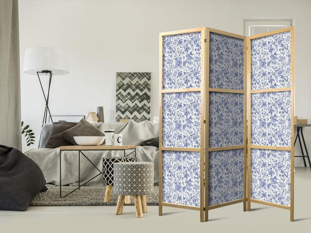 Japanese Room Divider - Illustration in Vintage Style - Blue Flowers on a White Background