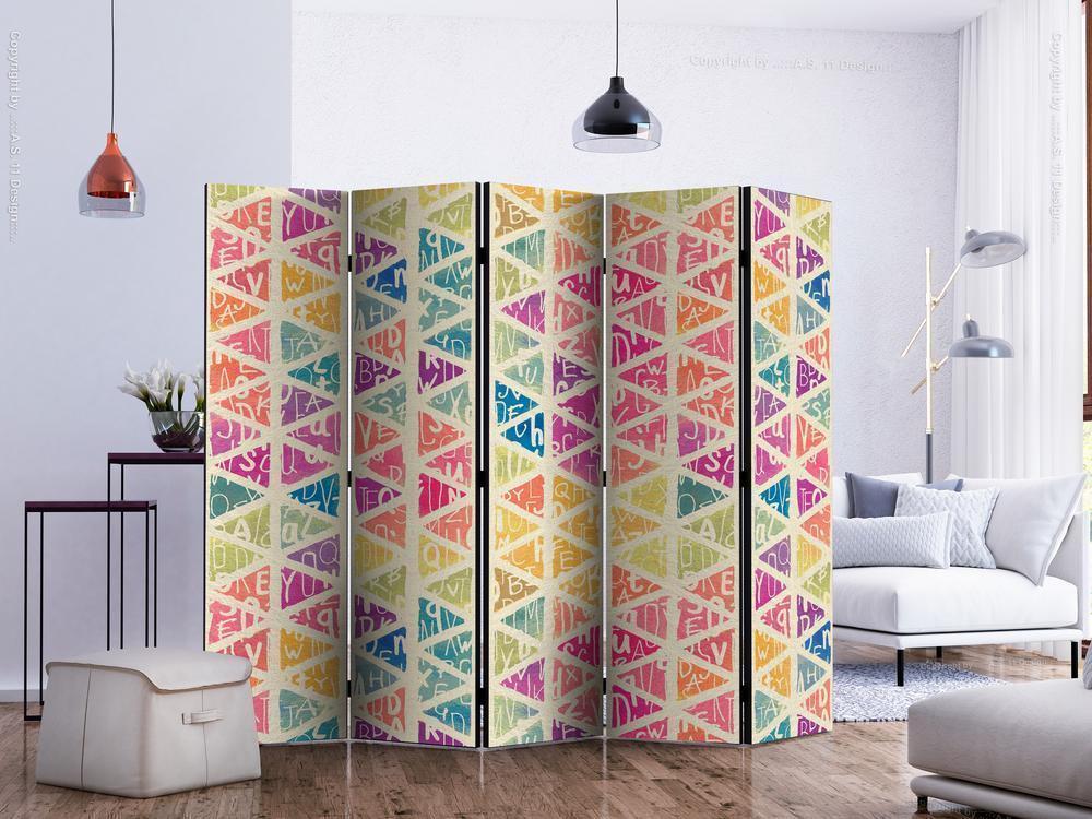 Decorative partition-Room Divider - Letters nad Triangles II-Folding Screen Wall Panel by ArtfulPrivacy