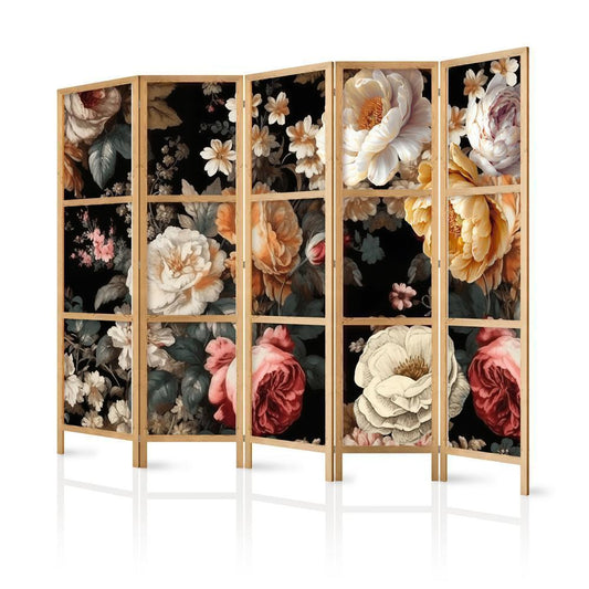 Japanese Room Divider - Floristry in Vintage Style - Huge Colorful Flowers on a Black Background