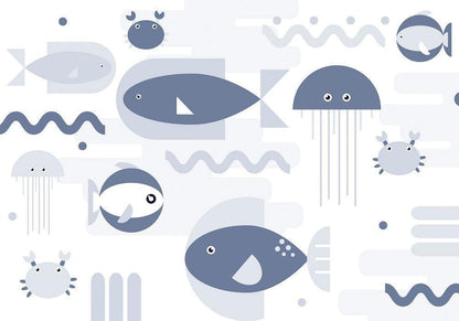 Wall Mural - Minimalist ocean - geometric fish and crabs in water for kids-Wall Murals-ArtfulPrivacy