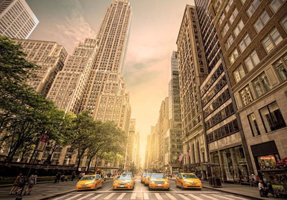 Wall Mural - In the Shadow of Skyscrapers - New York with Pedestrians and Taxi Cars-Wall Murals-ArtfulPrivacy