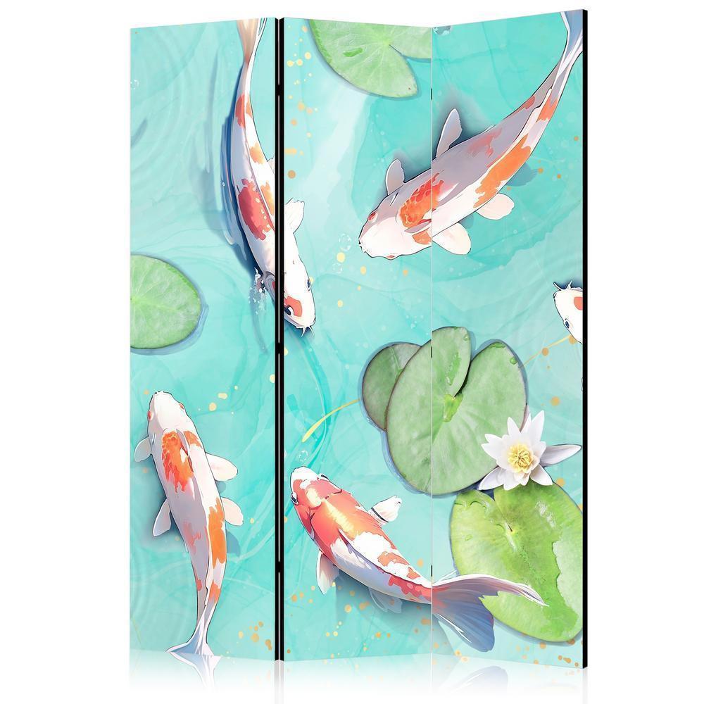 Room Divider - Spectacular Fish - White-Orange Koi Fish Swimming in Crystal Clear Water with Water Lilies