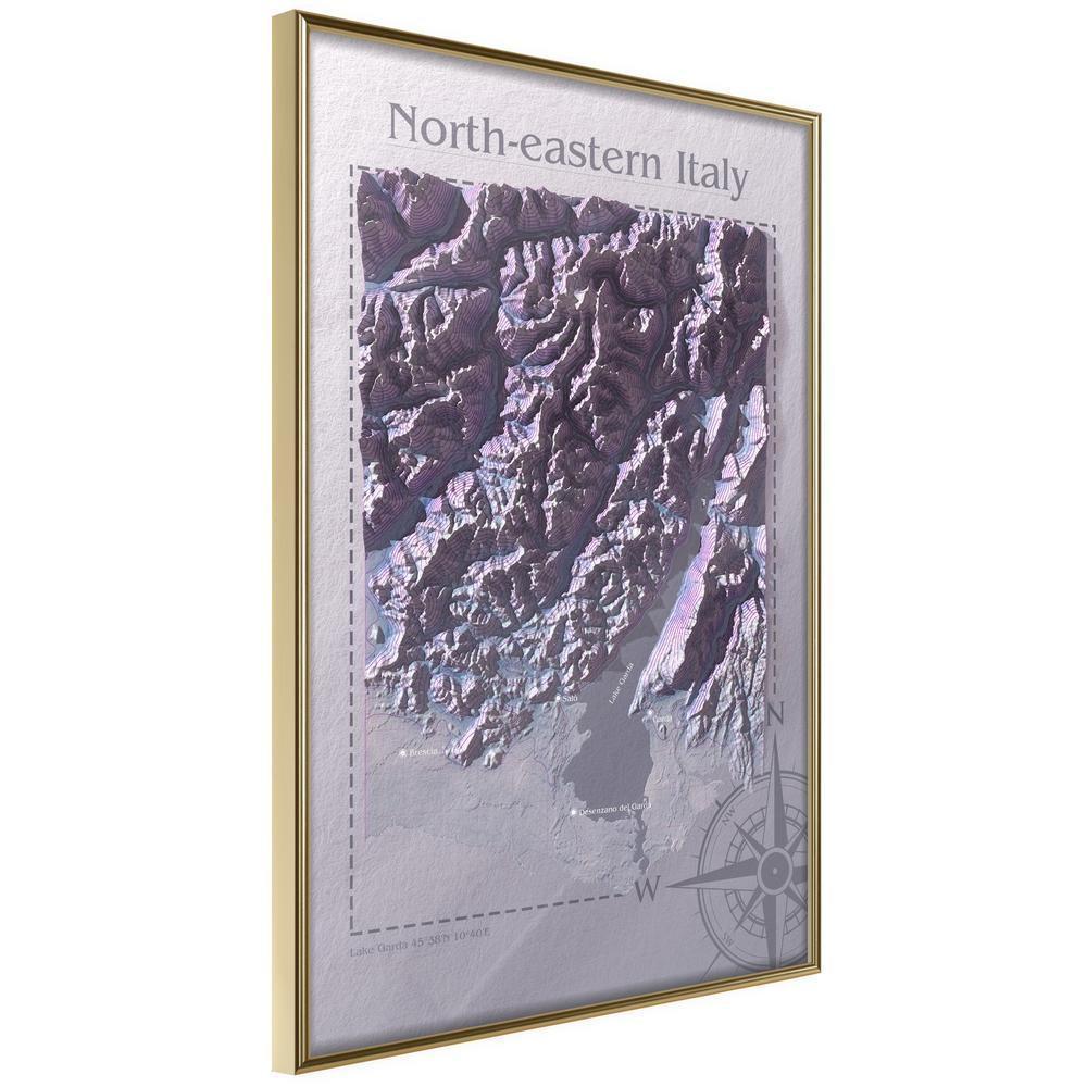 Wall Art Framed - Raised Relief Map: North-Eastern Italy-artwork for wall with acrylic glass protection