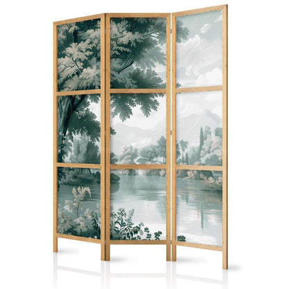 Japanese Room Divider - View of the Park and Lake - Retro Vintage Landscape in Greens