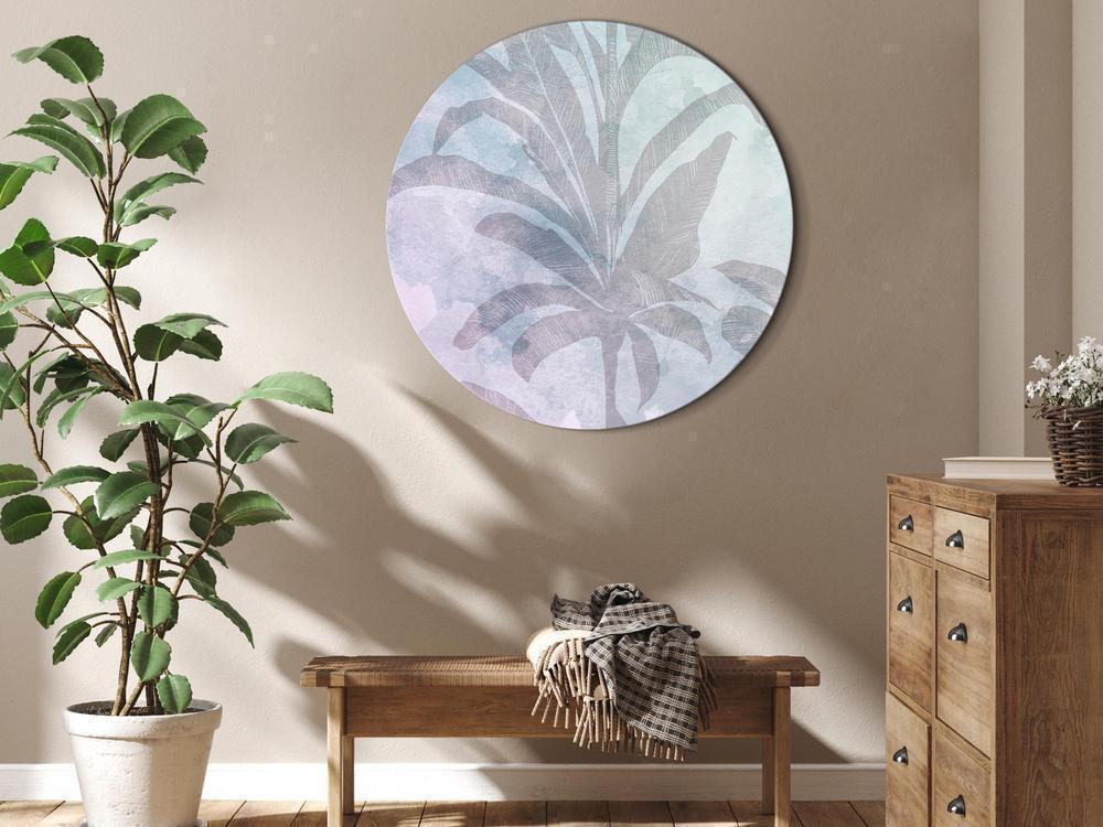 Circle shape wall decoration with printed design - Round Canvas Print - Palm trees in the fog - Palm trees among pastel clouds in purple and celadon tones/Misty tropics - ArtfulPrivacy