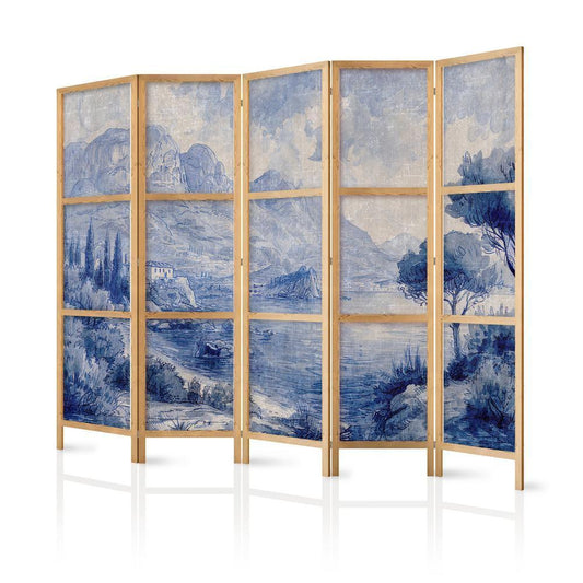 Japanese Room Divider - Italian Landscape - Lake Como Painted in Shades of Blue