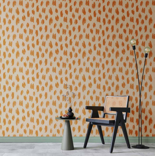 Wallpaper - Drawn Pattern in Dots and Spots - in shades of orange and ecru