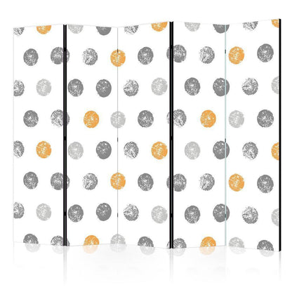 Room Divider - Round Stamps II- A 5 Panel Folding Screen For Living rooms, bedrooms or home office, decorative folding screen made with wood and canvas