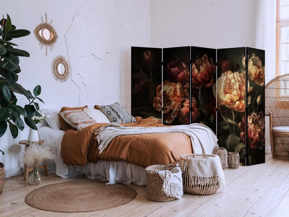 Room Divider - Magnificent Tulips - Bouquet of Flowers in Red and White on a Black Background- A 5 Panel Folding Screen For Living rooms, bedrooms or home office, decorative folding screen made with wood and canvas