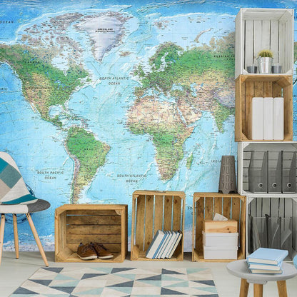 Wall Mural - Traditional world map - continents with inscriptions in English and compass-Wall Murals-ArtfulPrivacy