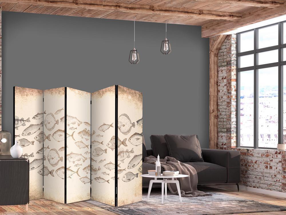 Room Divider - Sketch of a Fish School - Sketches of Various Fish Species Swimming in a School on a Beige Background in Vintage Style- A 5 Panel Folding Screen For Living rooms, bedrooms or home office, decorative folding screen made with wood and canvas