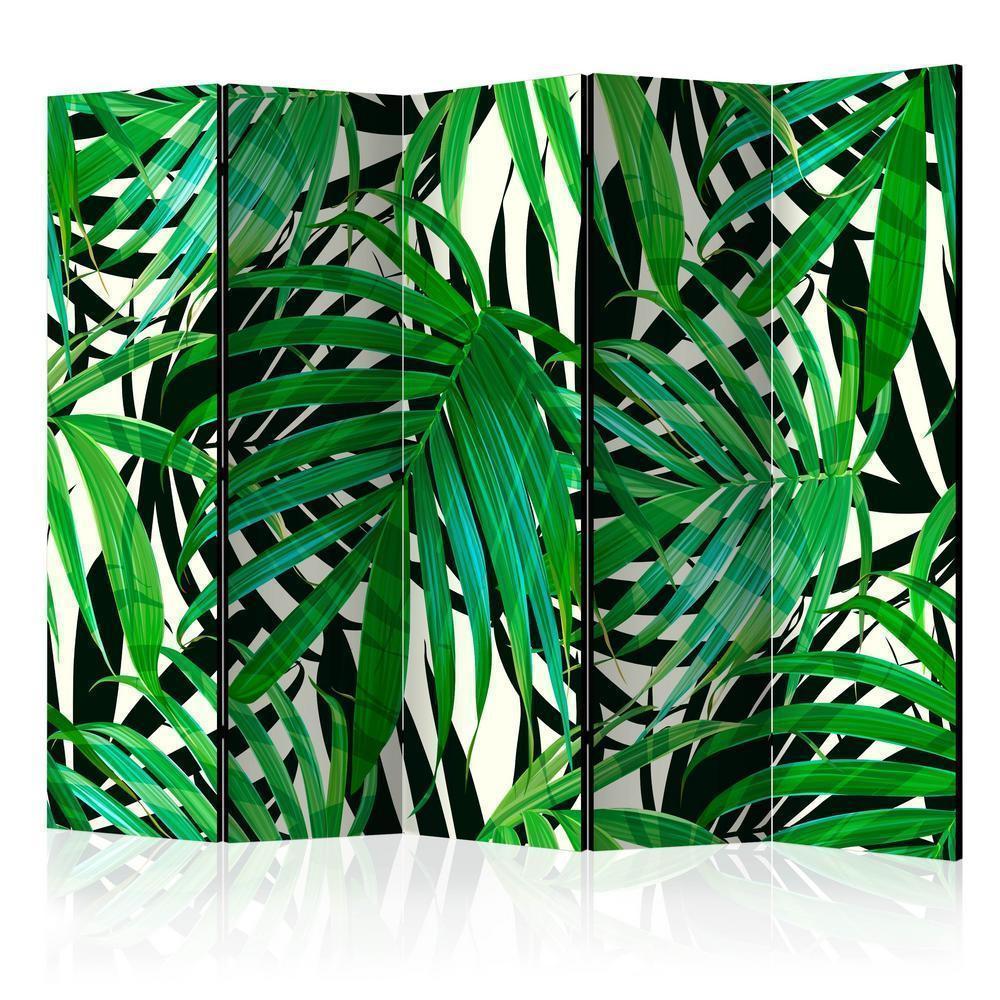 Room Divider - Tropical Leaves II- A 5 Panel Folding Screen For Living rooms, bedrooms or home office, decorative folding screen made with wood and canvas