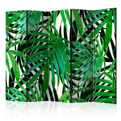 Room Divider - Tropical Leaves II- A 5 Panel Folding Screen For Living rooms, bedrooms or home office, decorative folding screen made with wood and canvas