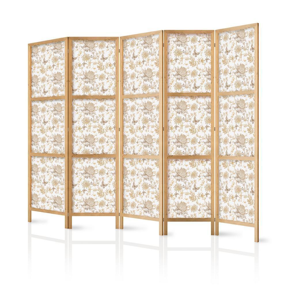 Japanese Room Divider - Beige Shades of Nature - Flowers and Butterflies on a White Background - Illustration