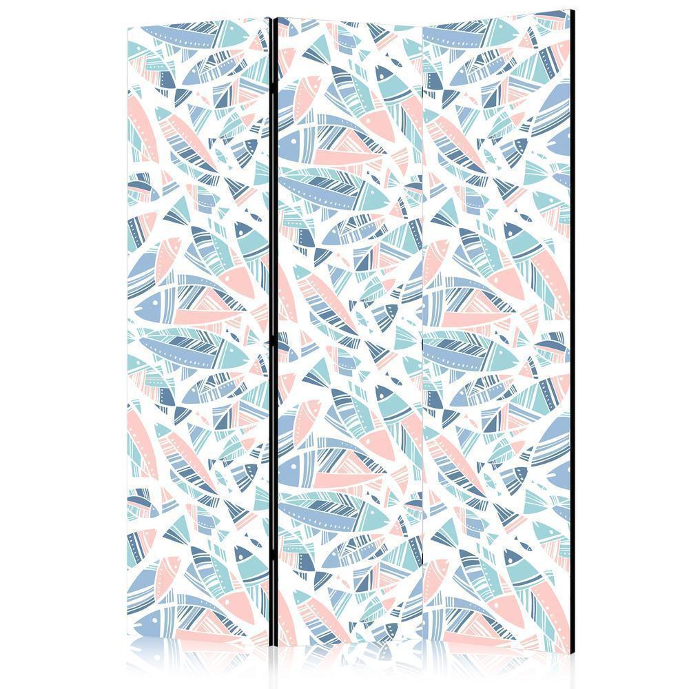 Room Divider - Fish in Minimalist Style - Fish in Aztec Style in Pastel Color Shades on a White Background