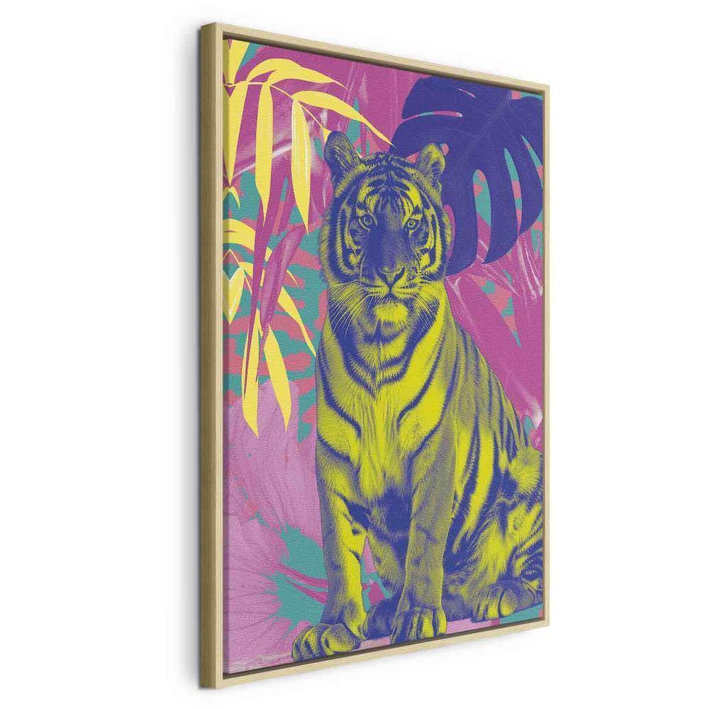 Impression sur toile - Tigre coloré - Couleurs intenses d'un tigre entouré de plantes tropicales