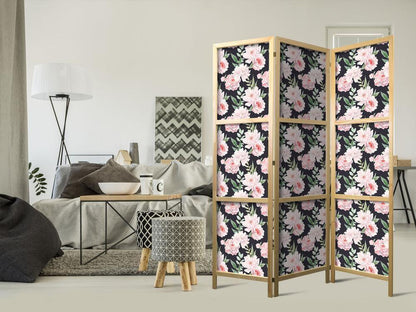 Japanese Room Divider - Peonies - Pink Flowers and Green Leaves on a Graphite Background