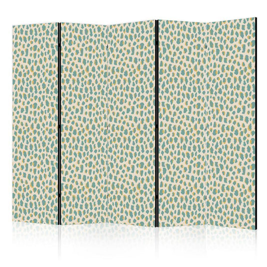 Room Divider - Giraffe Pattern - Animal Pattern in Turquoise Spots on a Light Background- A 5 Panel Folding Screen For Living rooms, bedrooms or home office, decorative folding screen made with wood and canvas