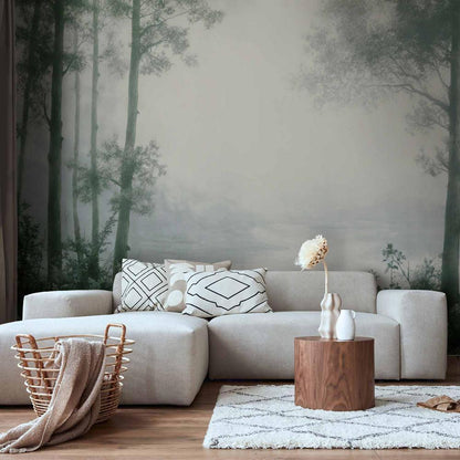 Wall Mural - Retro Landscape - Grove Trees and Pond in Patinated Shades of Green