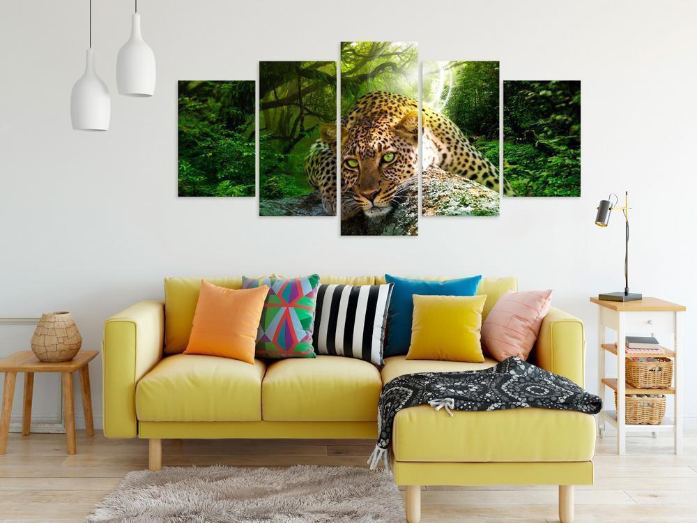 Canvas Print - Leopard Lying (5 Parts) Wide Green-ArtfulPrivacy-Wall Art Collection