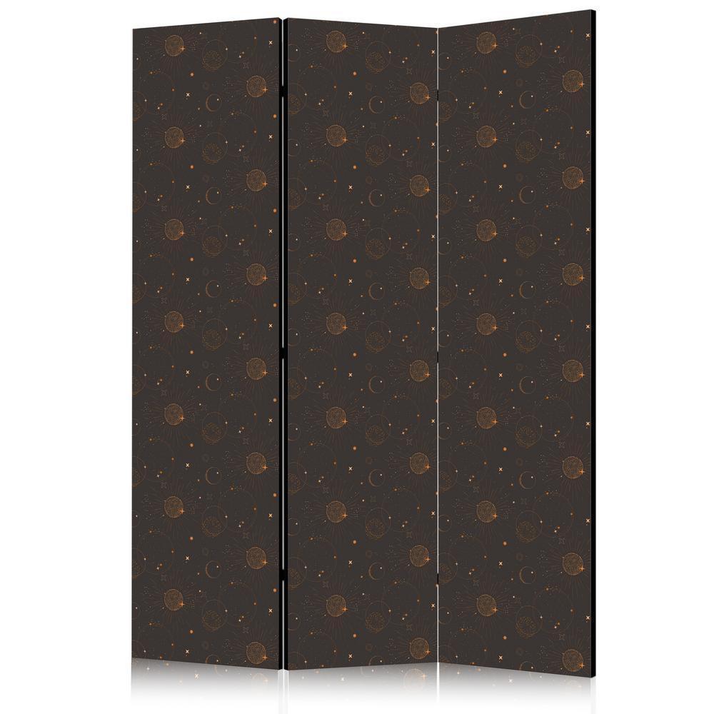 Room Divider - Night Sky - Artistic Composition of Suns and Planets on a Black Background- A 5 Panel Folding Screen For Living rooms, bedrooms or home office, decorative folding screen made with wood and canvas