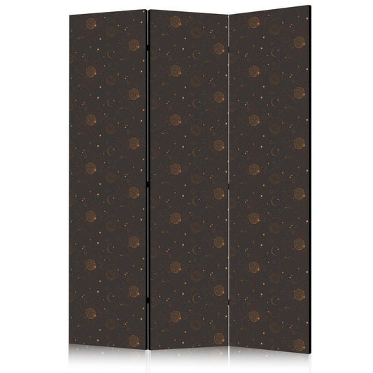 Room Divider - Night Sky - Artistic Composition of Suns and Planets on a Black Background- A 5 Panel Folding Screen For Living rooms, bedrooms or home office, decorative folding screen made with wood and canvas