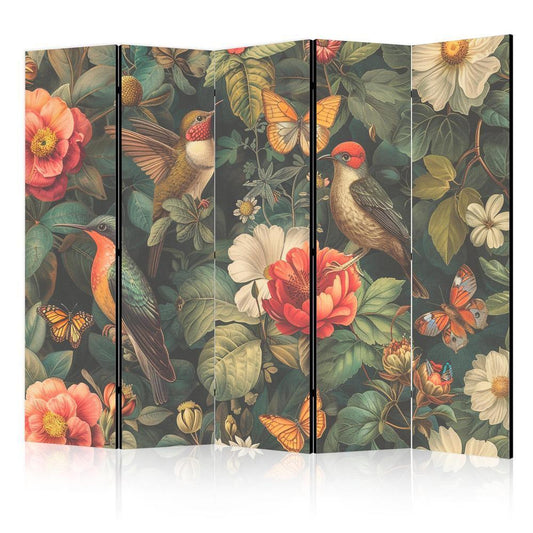 Room Divider - In the Botanical Garden - Flowers Birds and Butterflies - Colorful Illustration- A 5 Panel Folding Screen For Living rooms, bedrooms or home office, decorative folding screen made with wood and canvas