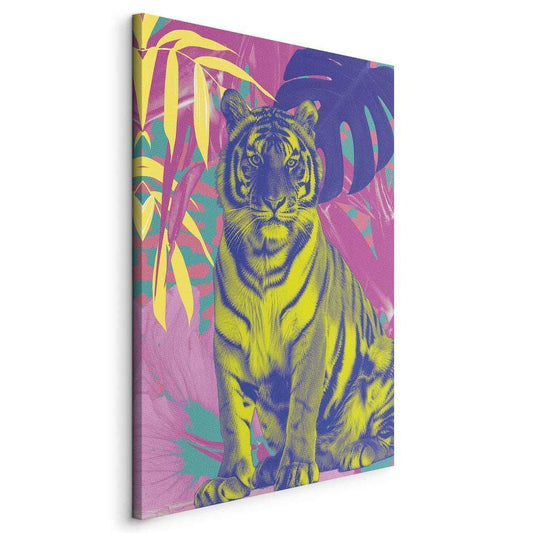 Impression sur toile - Tigre coloré - Couleurs intenses d'un tigre entouré de plantes tropicales