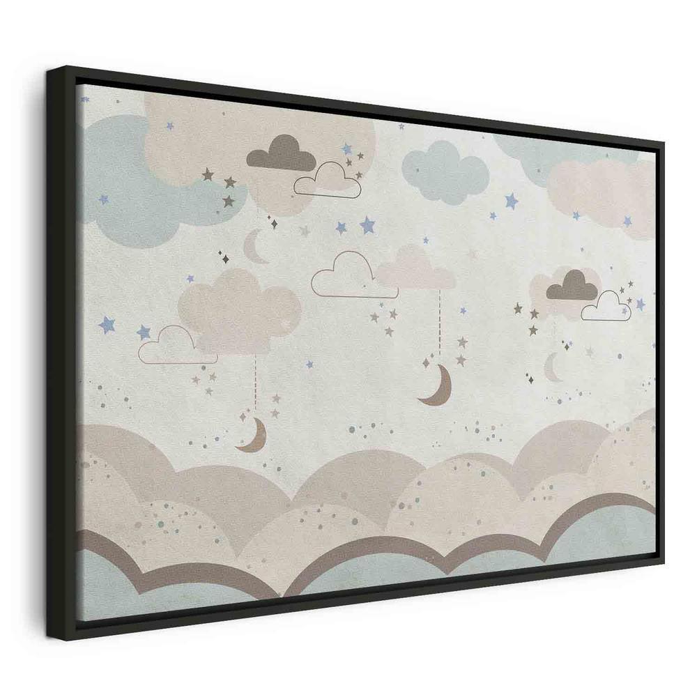 Canvas Print - Cloudy Night Sky - Moons in Brown and Beige Hues Among Clouds and Numerous Little Stars on a Light Background