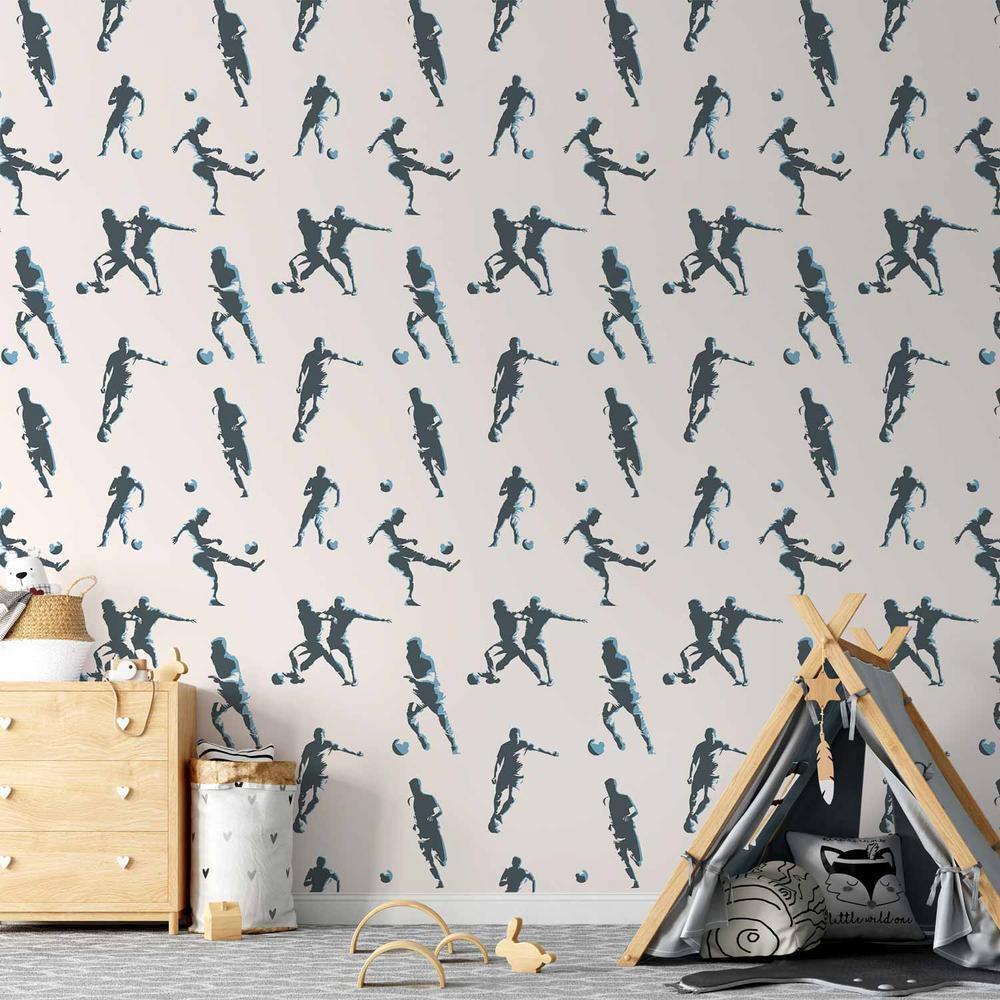 Wallpaper - Traces and Balls - Black-and-white soccer motifs on a beige background