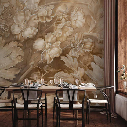 Wall Mural - Floral Ornaments Carved in Delicate Sepia and Brown Shades